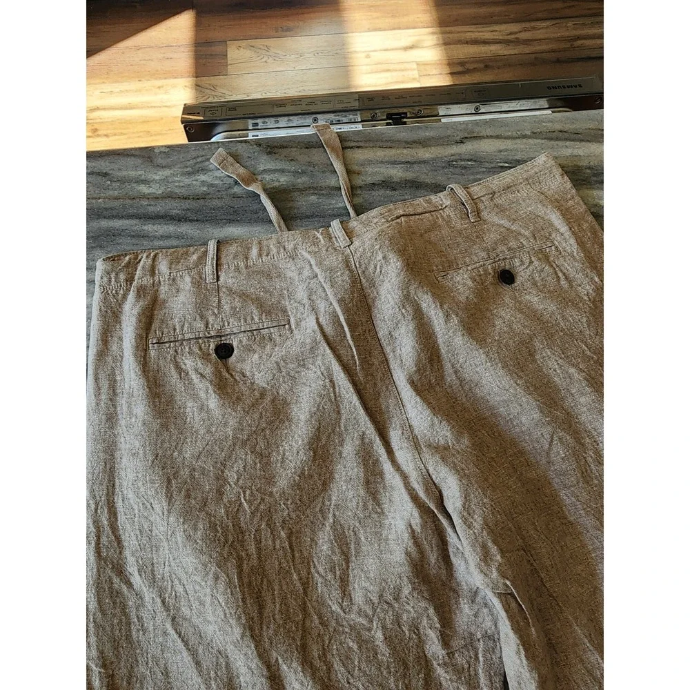 Perry Ellis Mens Tan Linen Blend Drawstring Pants 38x30 Beach Straight Leg
